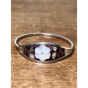 Vtg Alpaca Mexico Bracelet Enamel Shell Pearl Goth Art Deco Boho Small